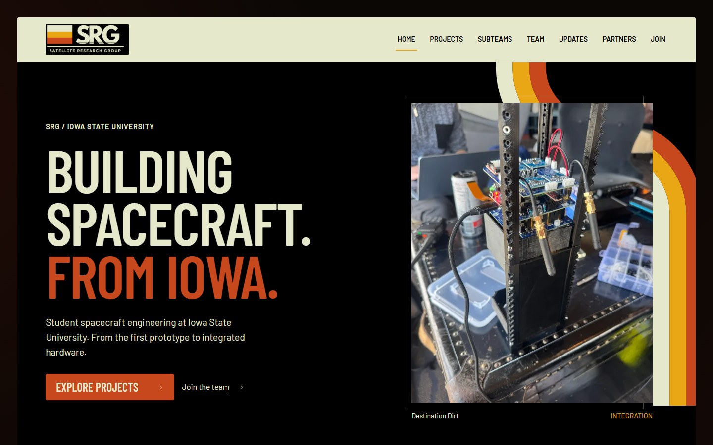The Satellite Research Group homepage, showing the SRG logo, site navigation and Destination Dirt hardware.